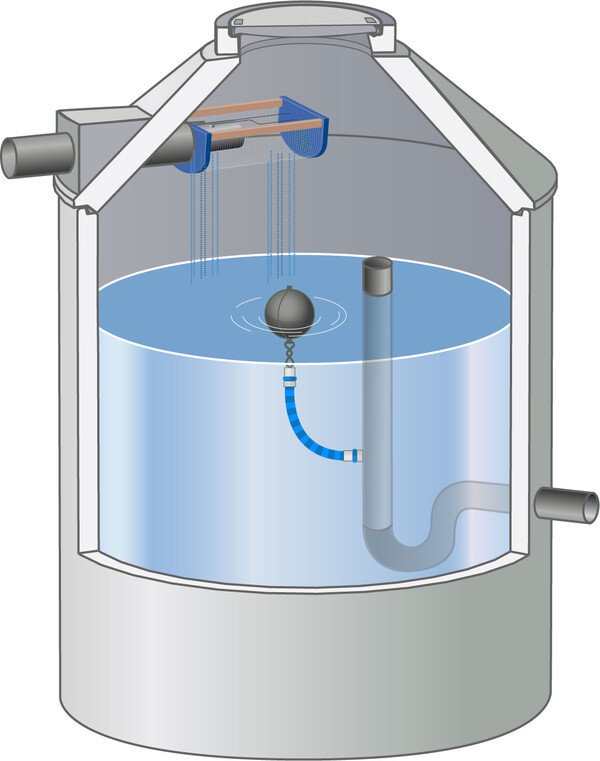 Large water container with ball float, blue hose, and inner pipe