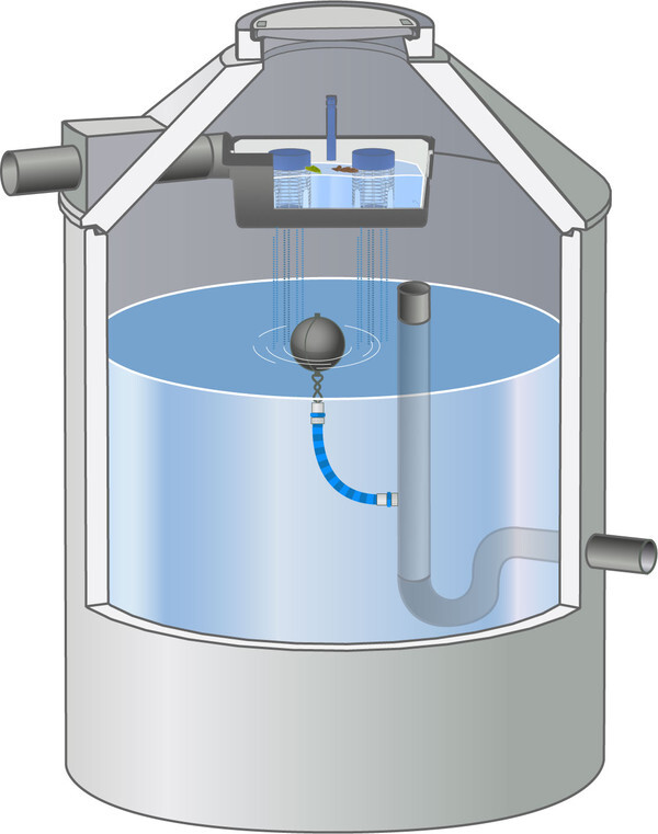 Schematic water tank with float sensor and internal piping.