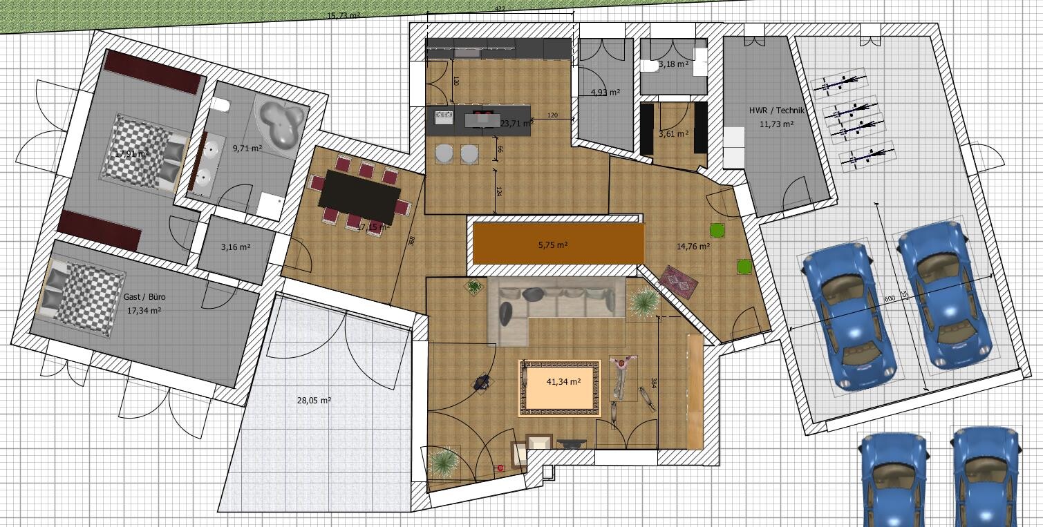 Detailed floor plan of a house with kitchen, dining area, living room and garage