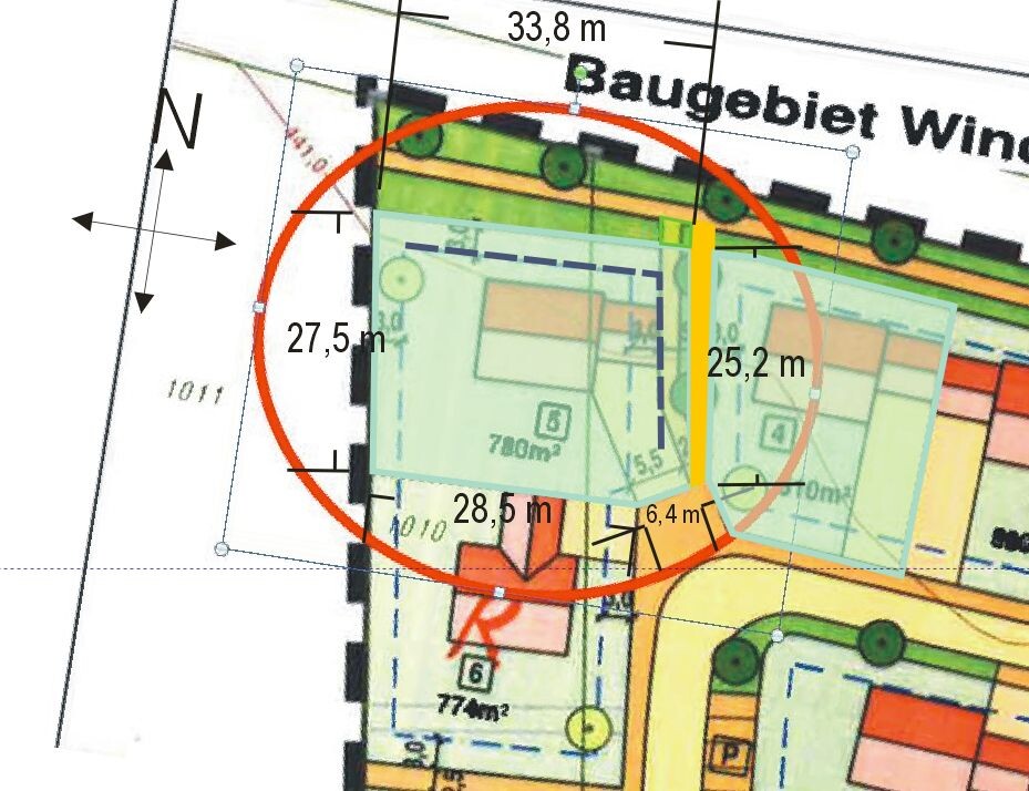 Site plan of a building plot with buildings, boundary lines, and measurements marked in circles.
