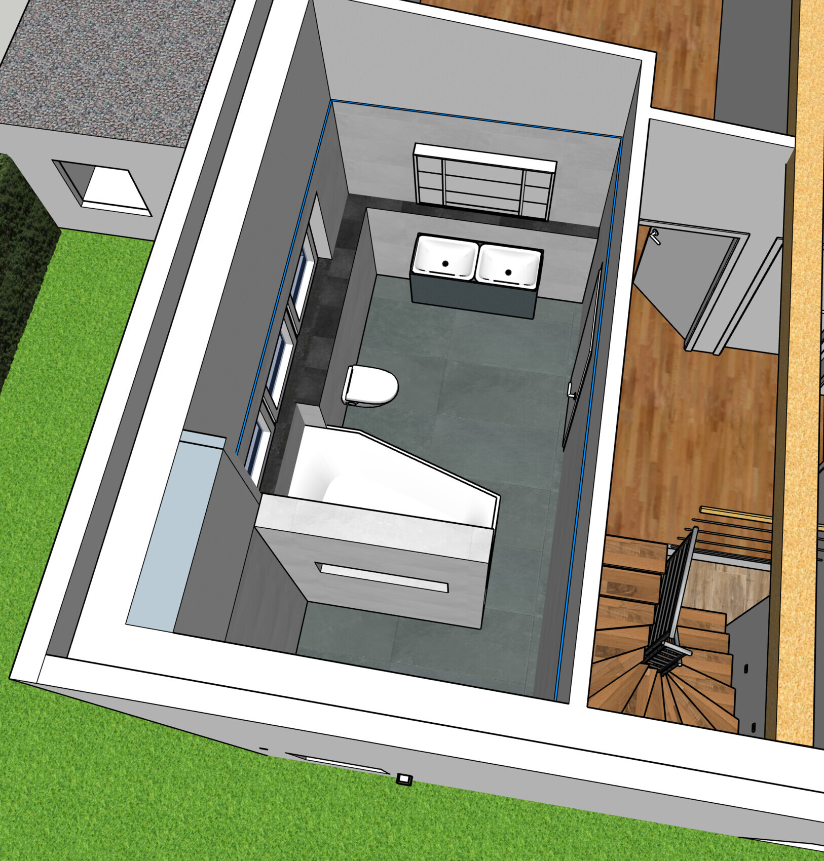 Bird’s-eye view: bathroom with double vanity, toilet, bathtub, shower and window.