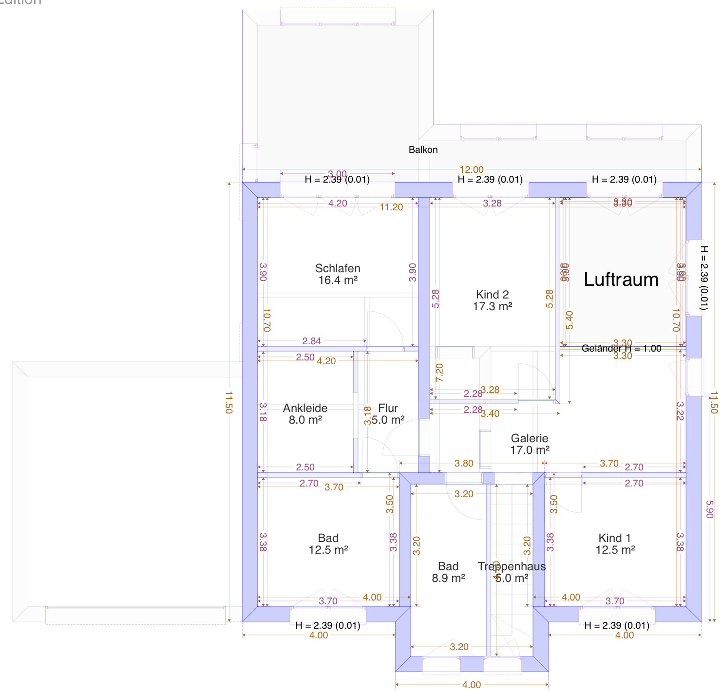 Grundriss DG: Schlafen, Kind 1, Kind 2, Galerie, Luftraum, Bad, Treppenhaus, Balkon.