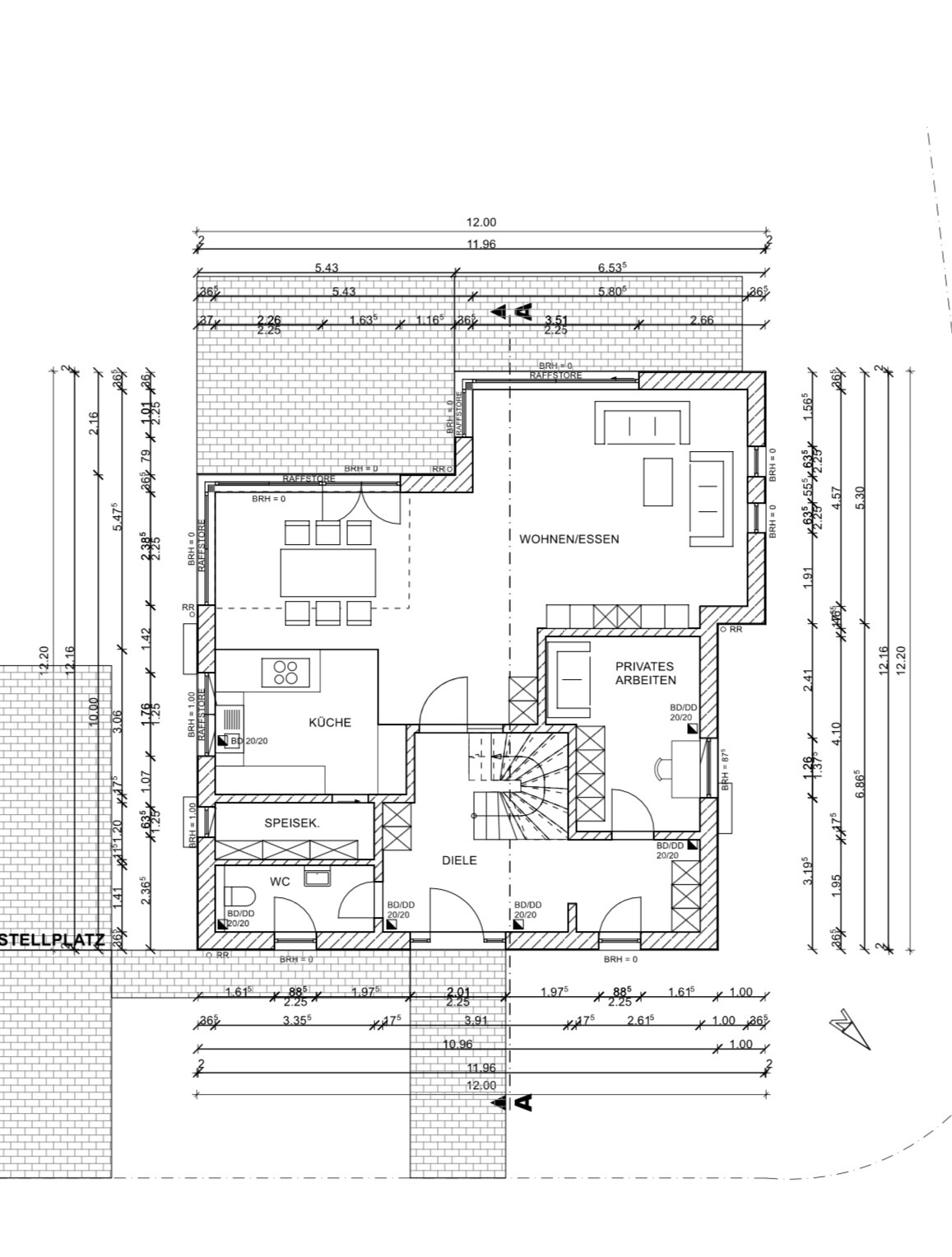 Floor plan of a house: living/dining area, kitchen, hallway, WC, pantry, stairs, terrace.