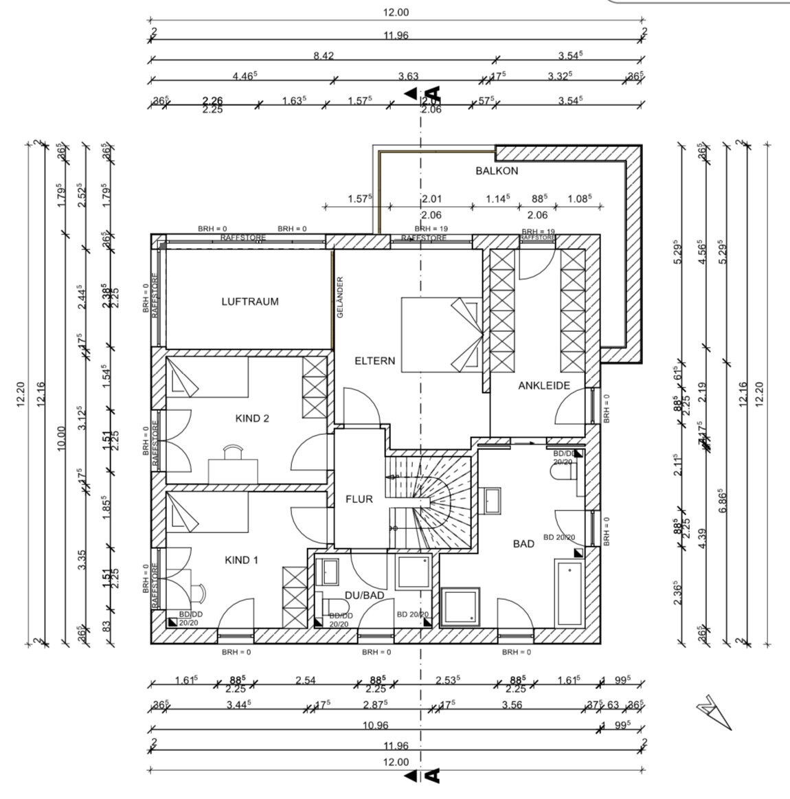 Floor plan of a single-family home: open space, master bedroom, child 1, child 2, hallway, dressing room, bathroom, shower/bathroom, balcony.
