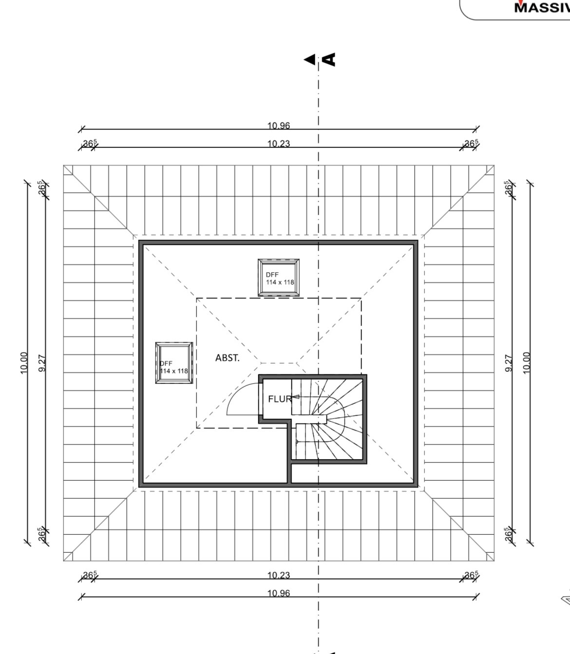 Attic floor plan with stairwell, hallway and storage room; continuous roof eaves.