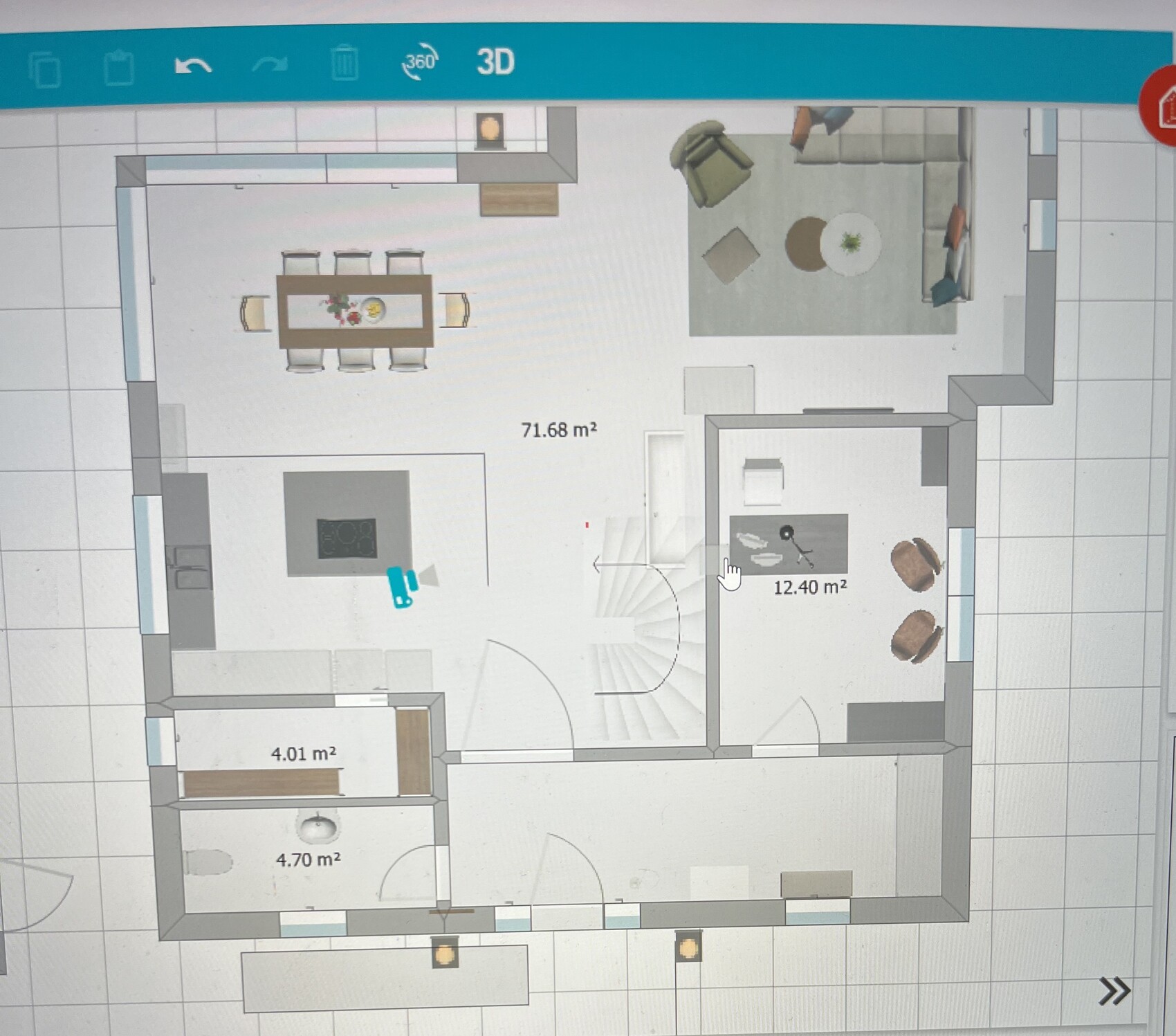 Floor plan: kitchen on the left, dining area, living room on the right, staircase in the middle, office 12.40m² (134 sq ft).
