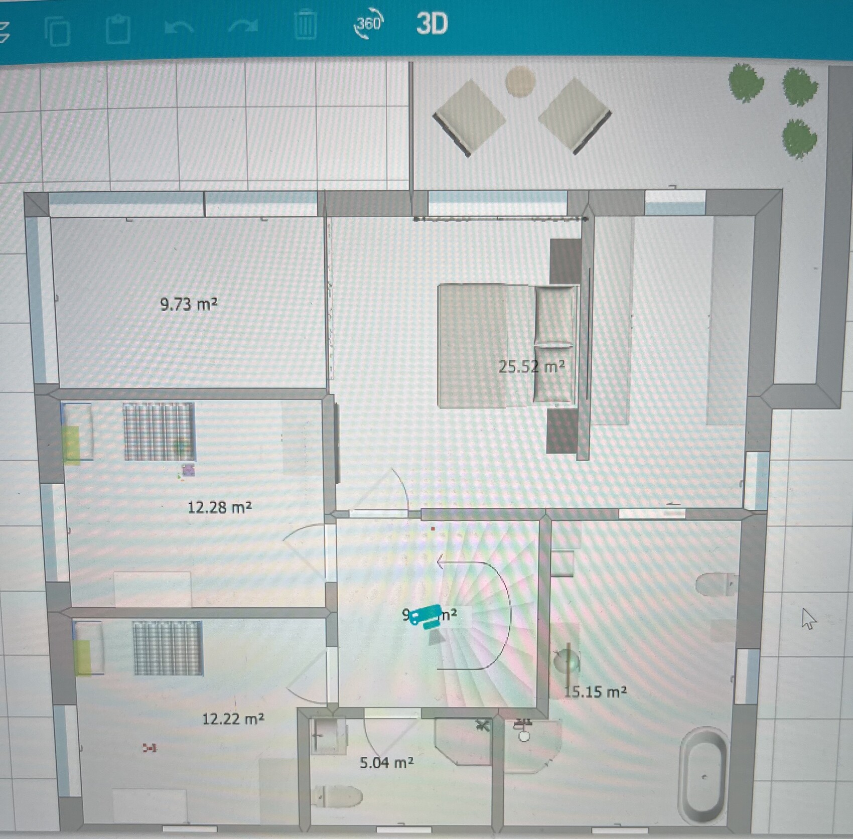 Floor plan of a residential house with multiple rooms and area specifications in m².