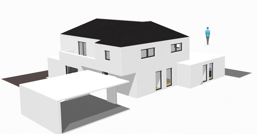 Modern white villa with black roof, carport on the left and a person dressed in blue on the right.