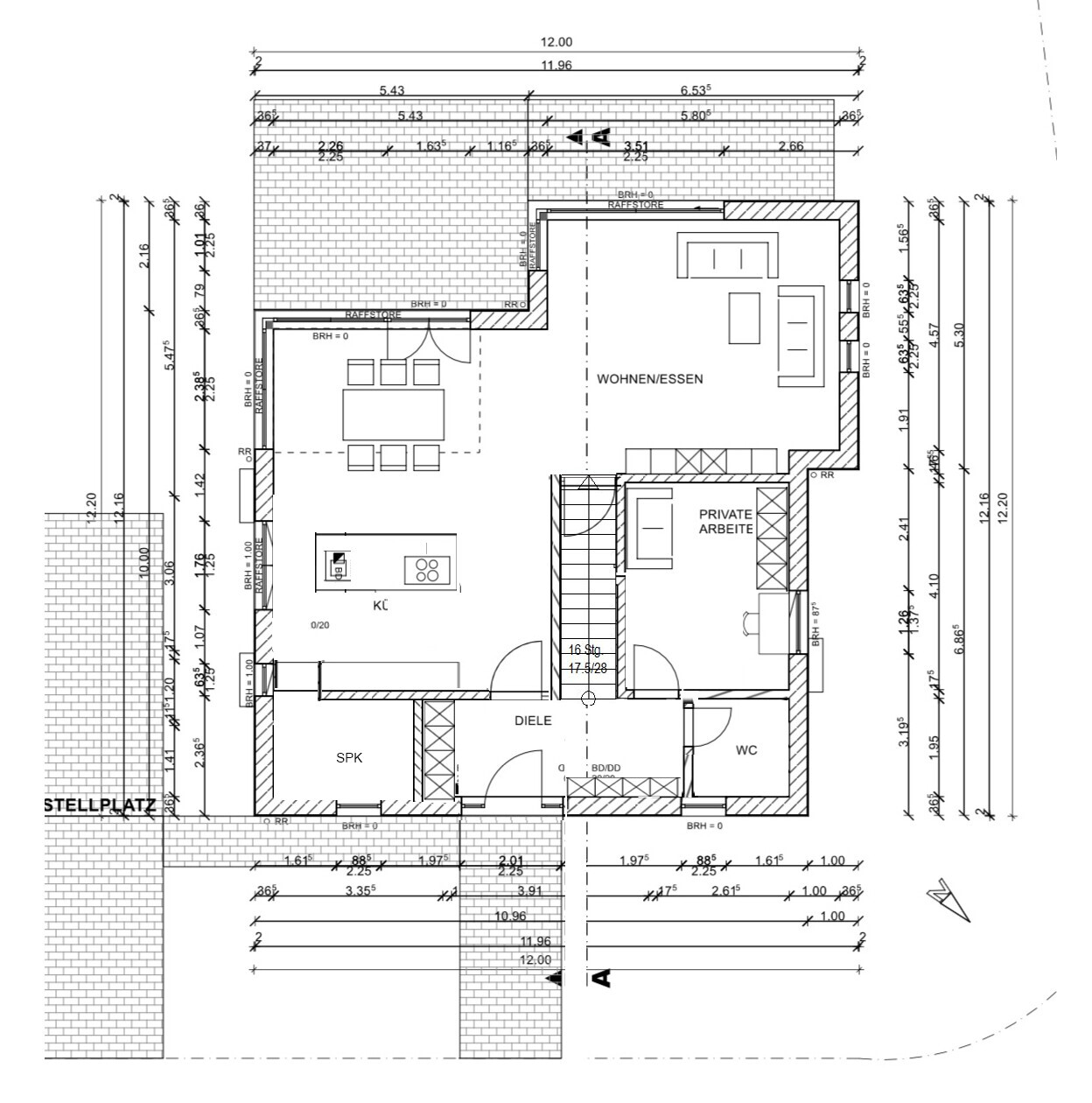 2D floor plan of a house with kitchen, living room, dining area, hallway, and outdoor space