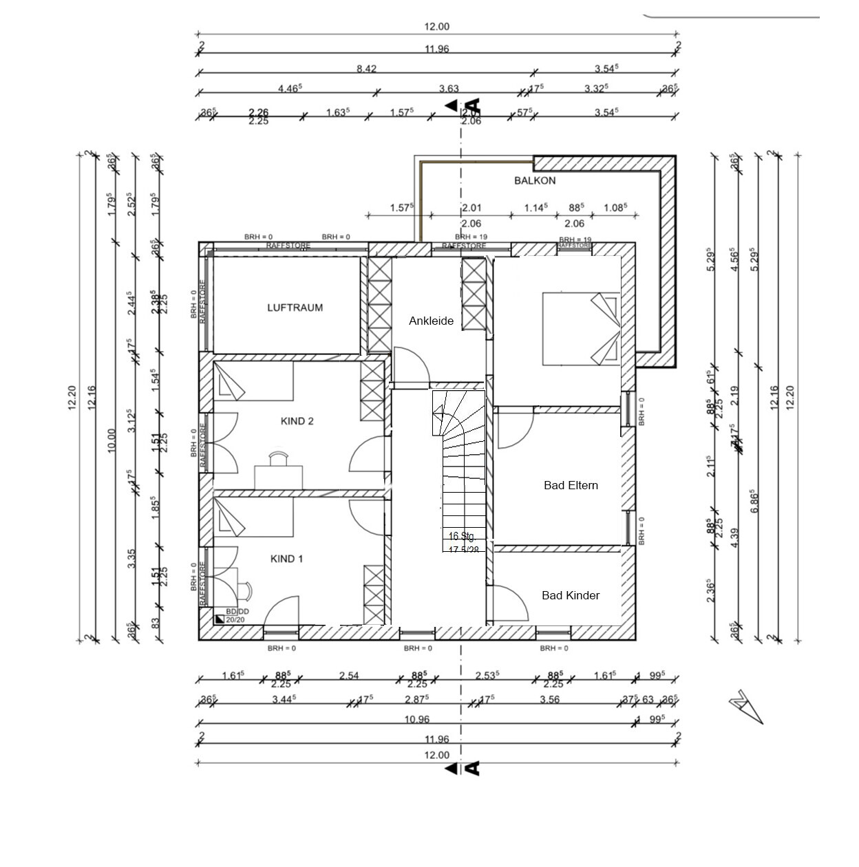 Upper floor plan: open space, dressing room, child 1, child 2, master and children's bathrooms, balcony.