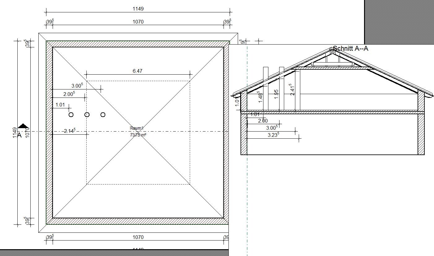 Architektonischer Grundriss eines Hauses mit Maßen und Schnitten
