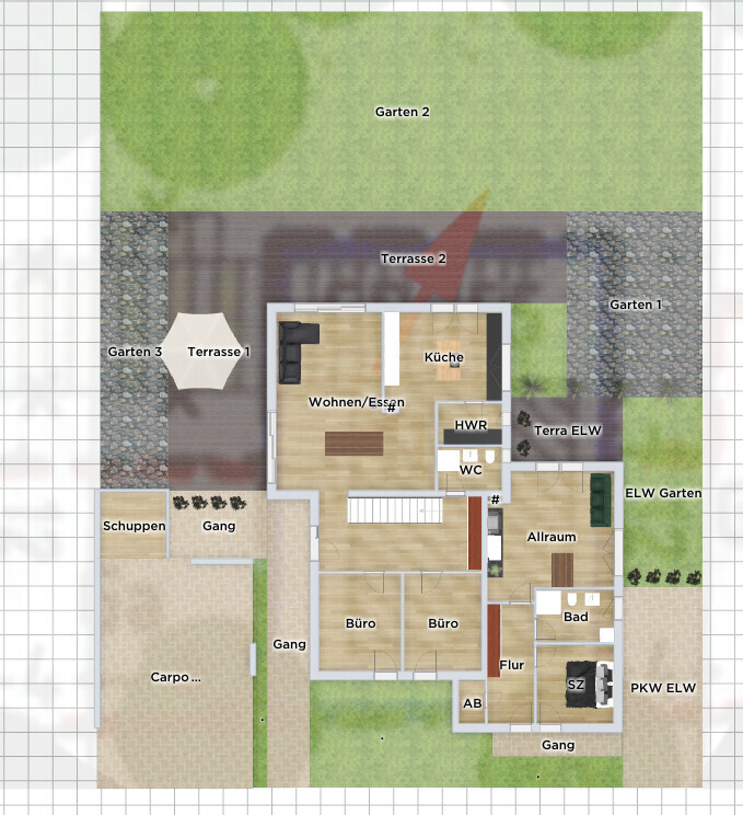 Floor plan of a house with garden, terraces, kitchen, living room, office, bathroom, and hallway.