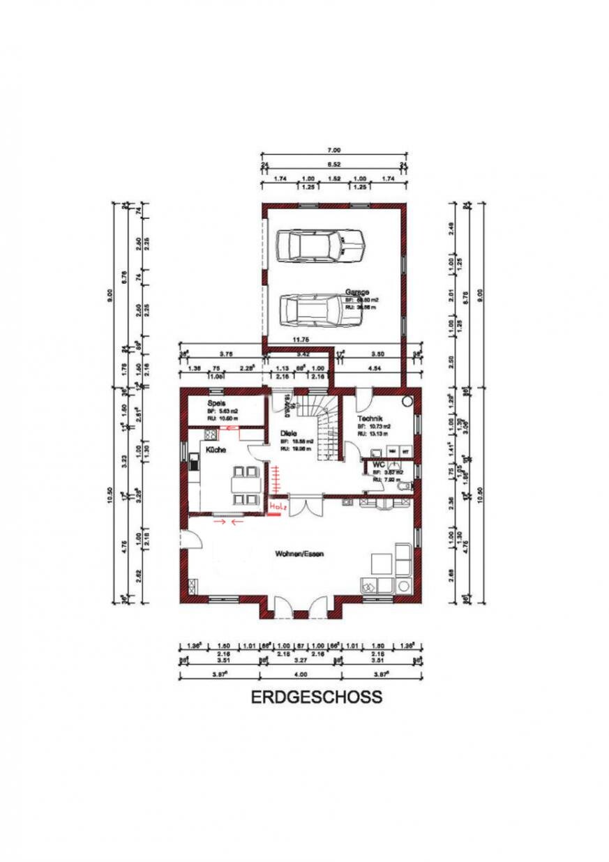 Ground floor: living room, kitchen, hallway, technical room, guest toilet, and garage with two parking spaces.