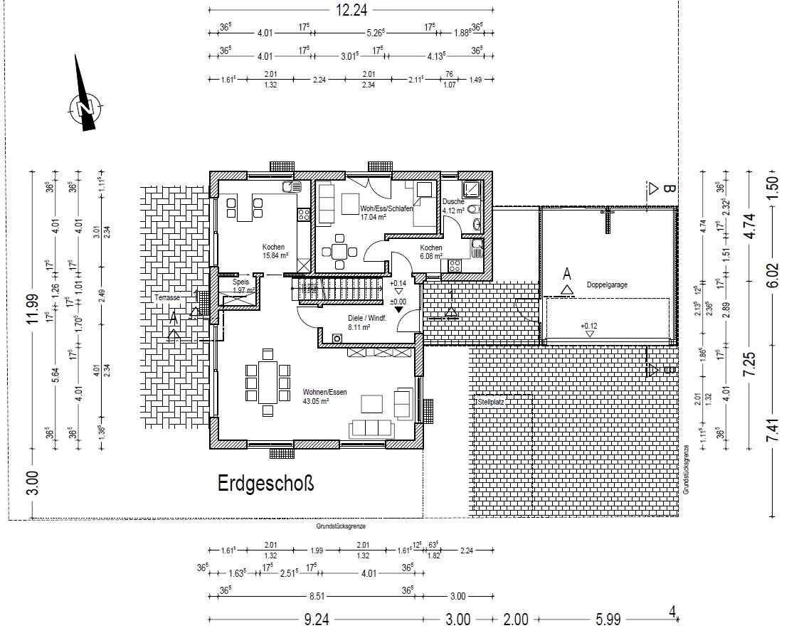 Ground floor floor plan with kitchen, dining area, living room, terrace, and double garage
