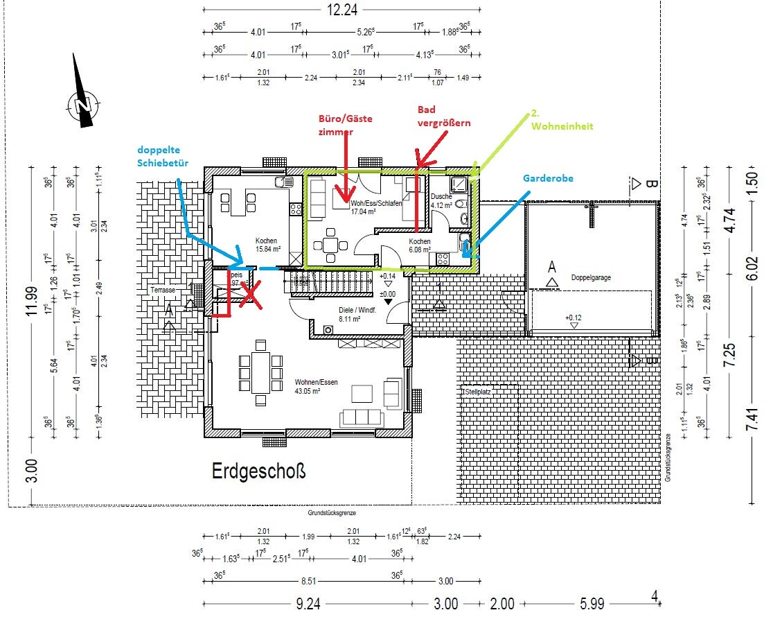 Ground floor plan: living room, kitchen, dining, hallway, office/guest room, bathroom, terrace.