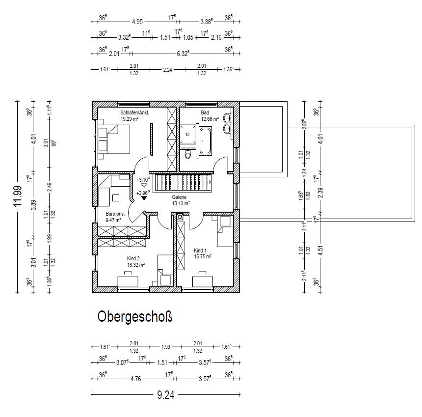 Upper floor plan: bedroom/dressing room, bathroom, gallery, office, child 1, child 2