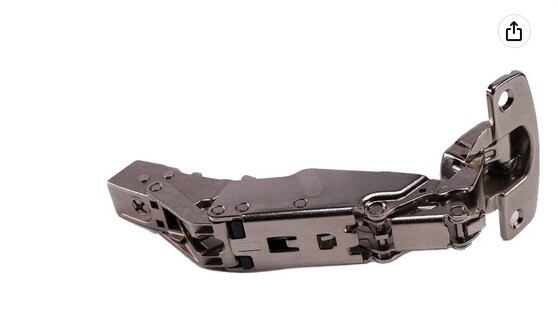 Metal furniture hinge with mounting plate, complex clip mechanism.