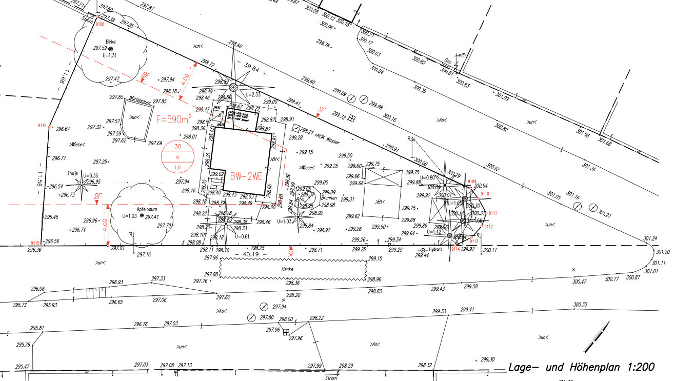 Site and elevation plan of a plot with building areas, trees and dimension lines.