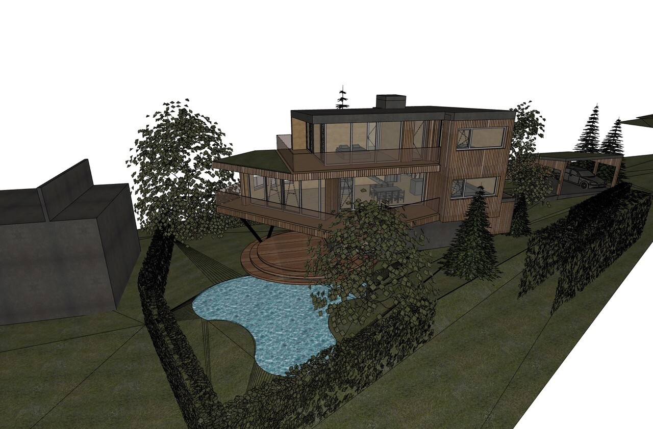 Modern timber house architecture with large glass fronts, surrounding terraces, round pool and trees.