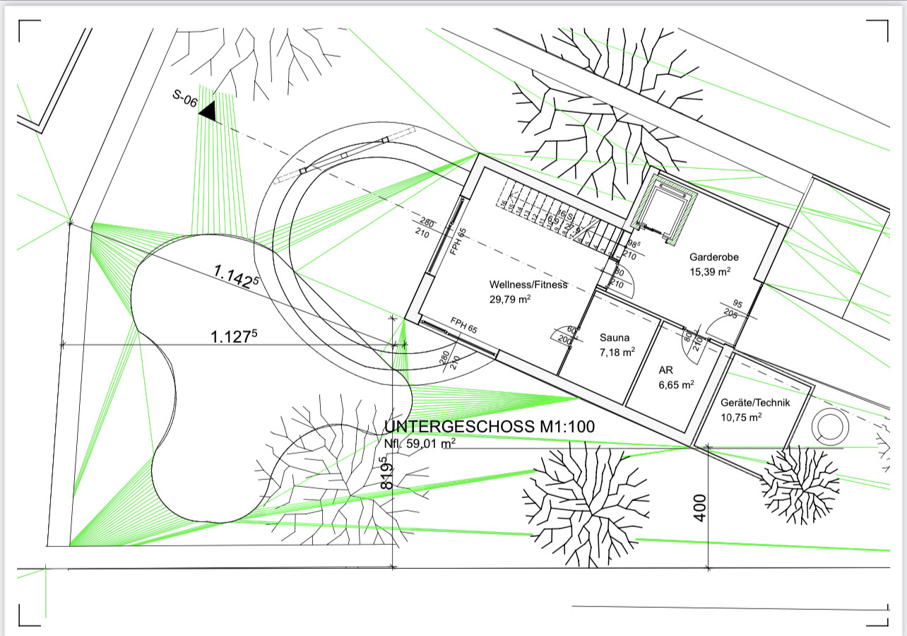 Basement floor plan M1:100 with wellness/fitness, sauna, cloakroom, storage room, technical area, trees.