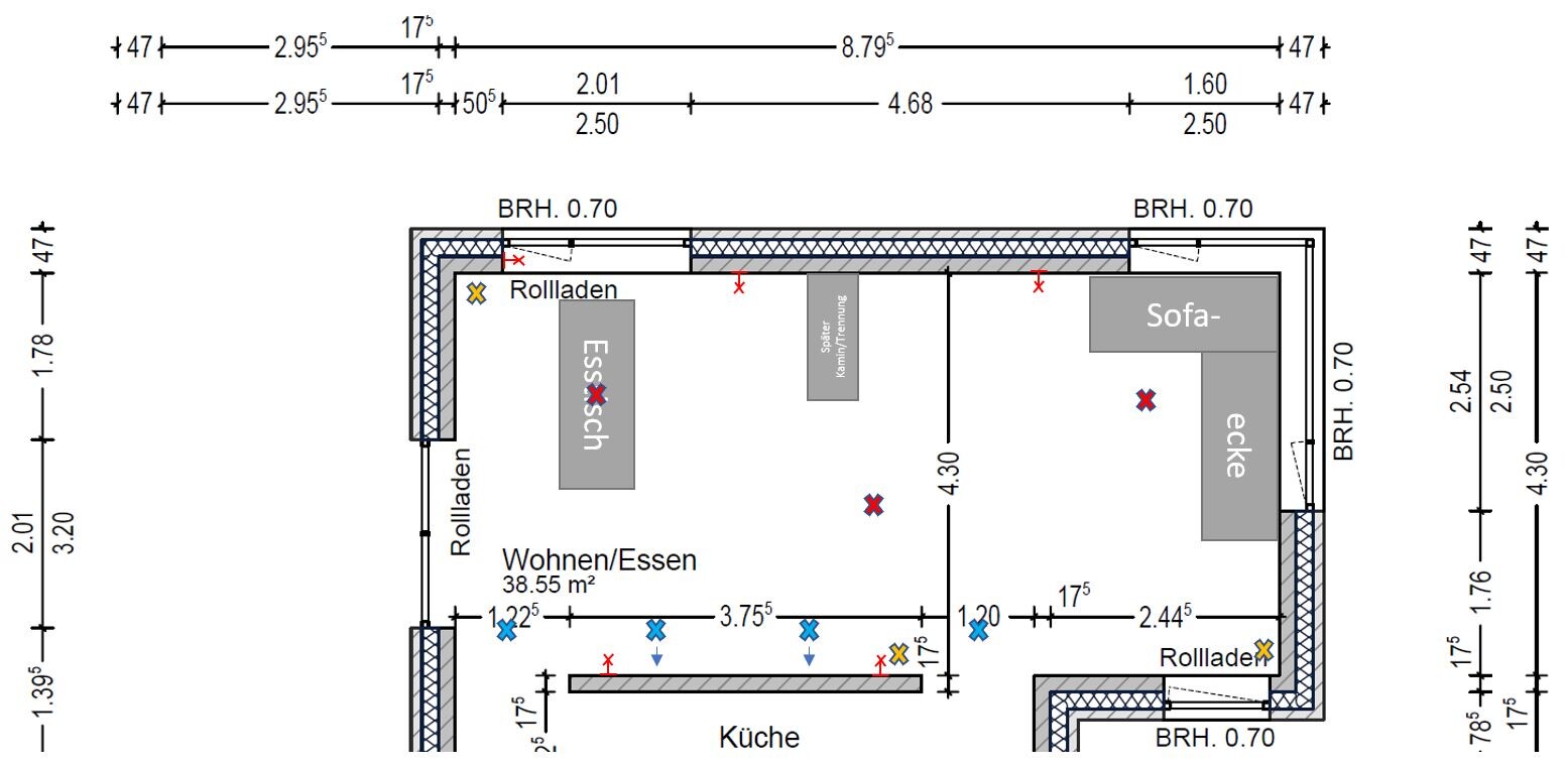 Floor plan of a living/dining area with kitchen, dining table, sofa, corner cabinet, and shutters.