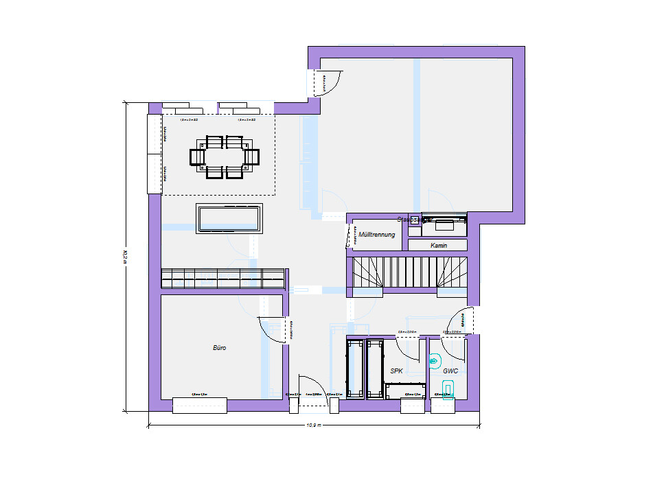 2D floor plan of a house with office, kitchen, fireplace, and stairs