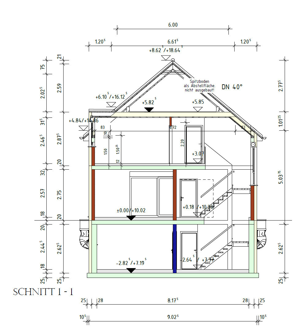 Cross-section of a two-story house with roof structure, staircase, and dimension lines.