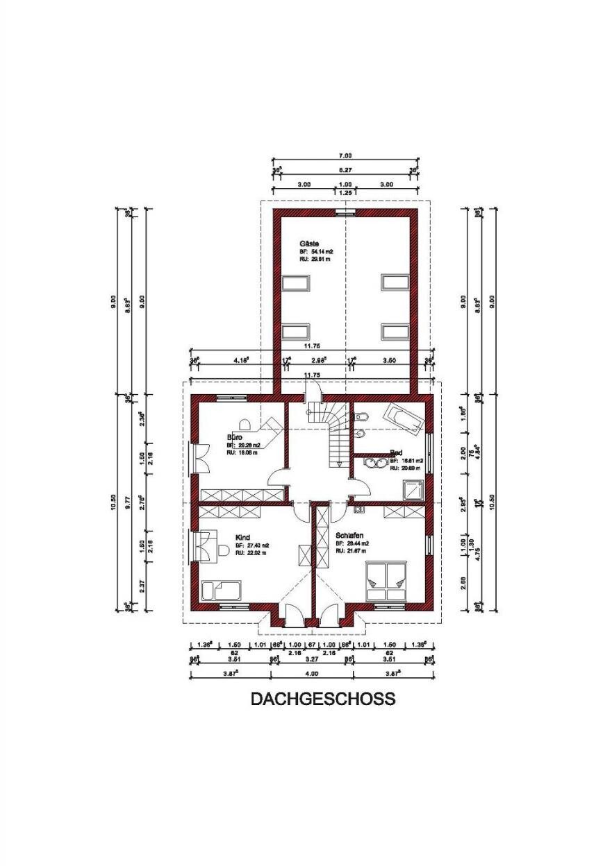 Dachgeschoss-Grundriss eines Hauses mit mehreren Räumen, zentraler Treppenaufgang, rote Außenwände, Maße