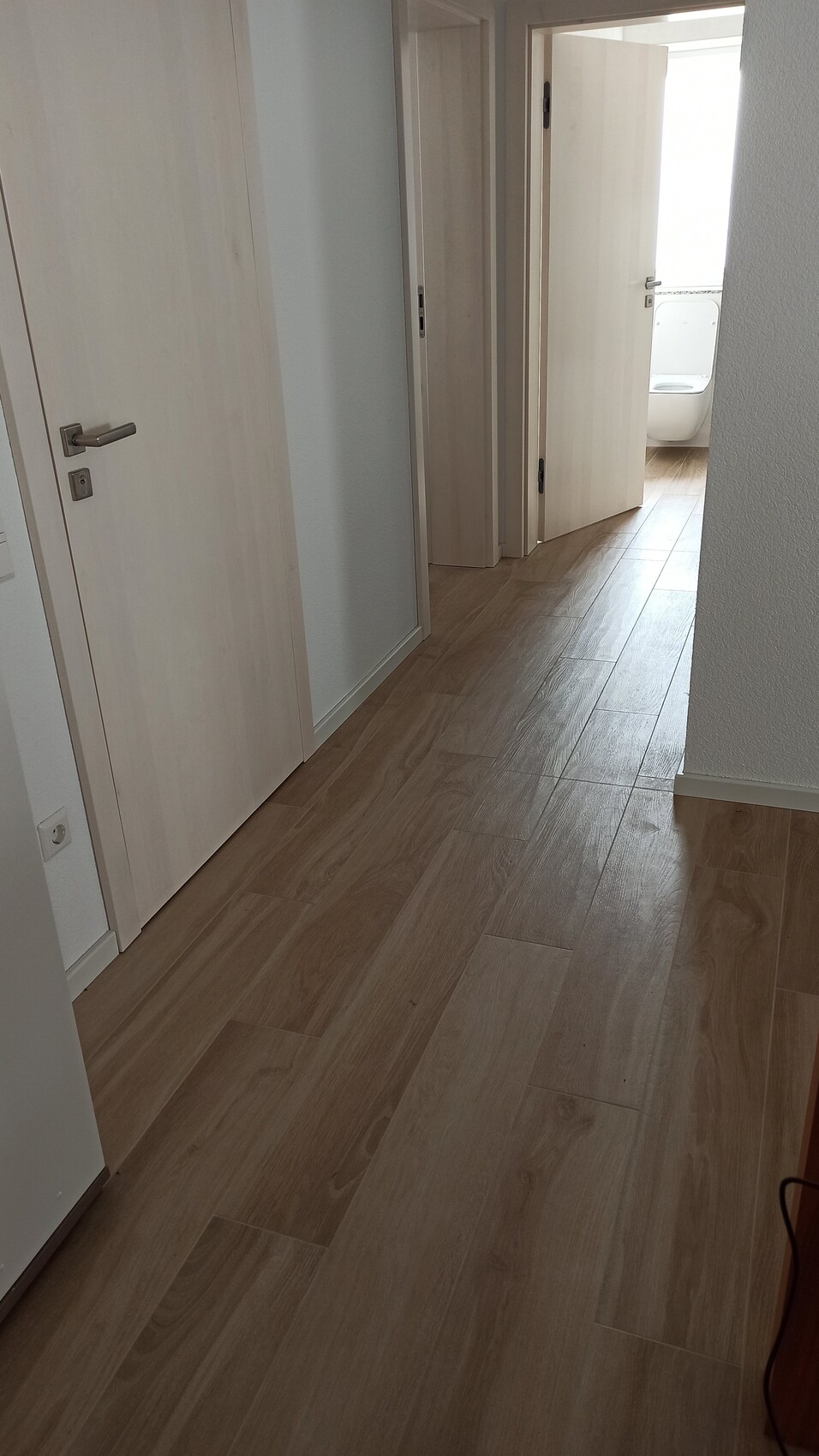 Heller Flur mit hellen Holztüren und Holzfußboden; offenes Badezimmer mit Toilette am Ende.