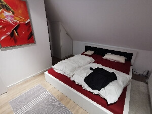 Bedroom with white bed, red cover, wardrobe, and wall art.