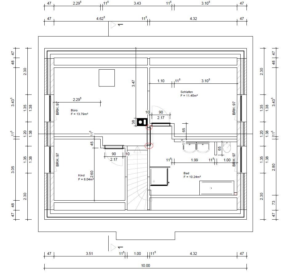 Floor plan of an upper floor with bedroom, children's room, office, bathroom, and staircase.