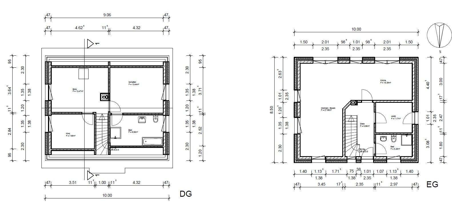 Floor plans of two levels (attic and ground floor) of a house with staircase, walls, doors, and rooms.