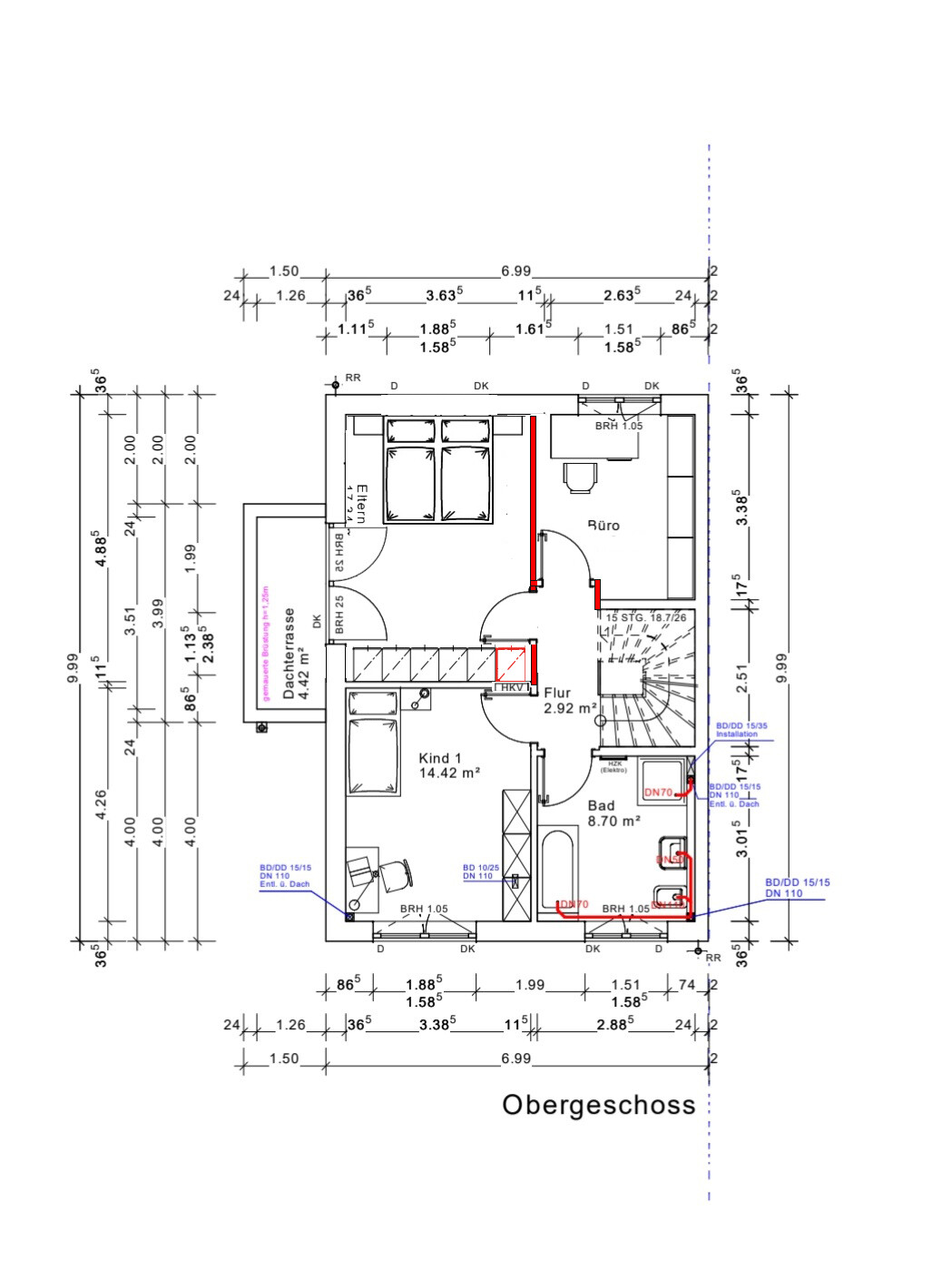 Upper floor layout with office, bathroom, corridor, and bedroom