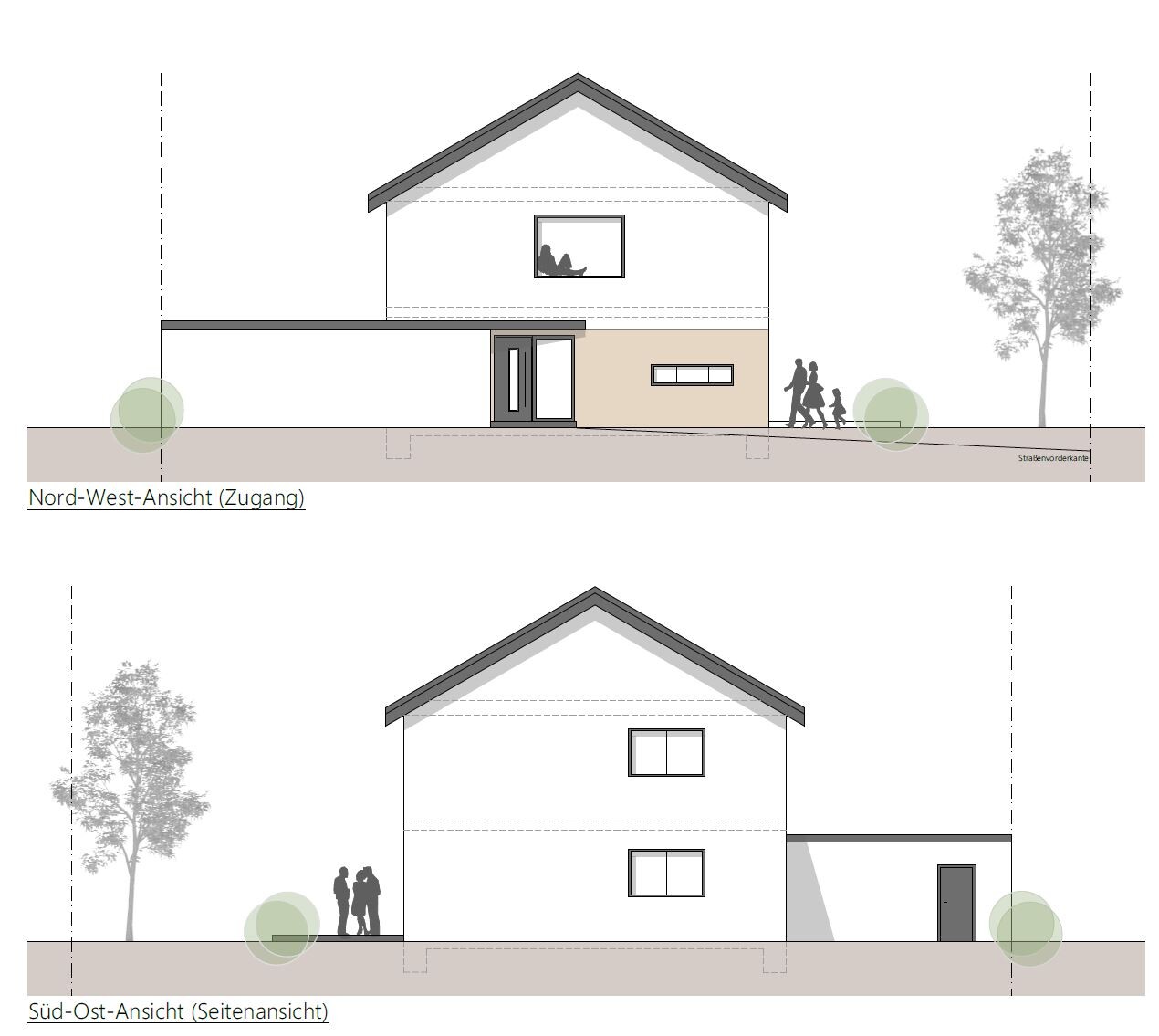 Northwest and southeast view of a two-story house with pitched roof, entrance and windows.