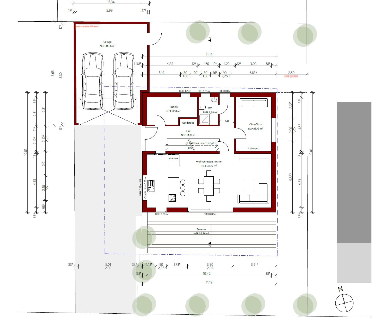 Floor plan of a house with garage for two cars, technical room, wardrobe, WC, living area and terrace.