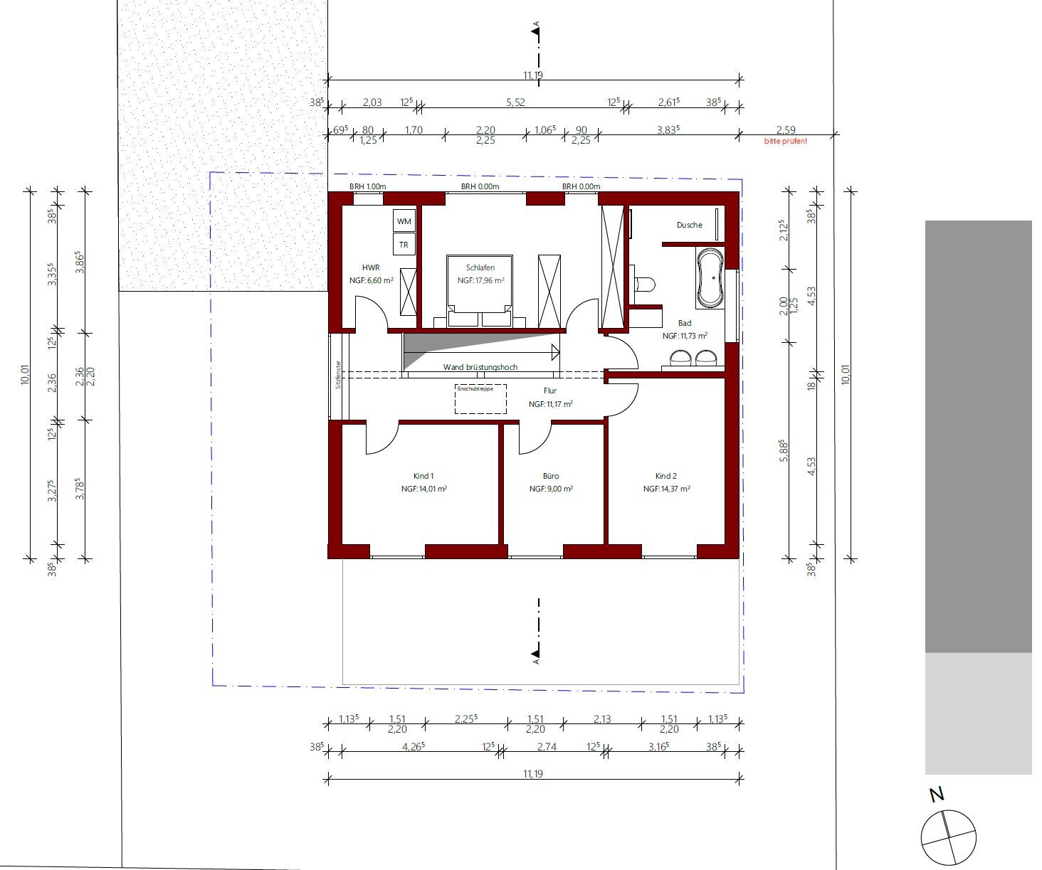 Floor plan of a house with bedroom, children's rooms, office, bathroom, shower and hallway.