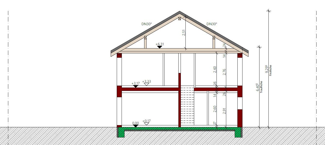 Cross-section of a two-story house with pitched roof, stairs, ceilings and measurements.