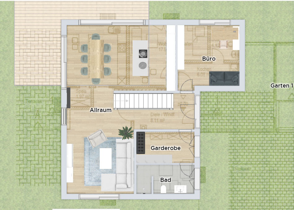 Floor plan of a house with open space, kitchen, office, cloakroom, bathroom, terrace, and garden.