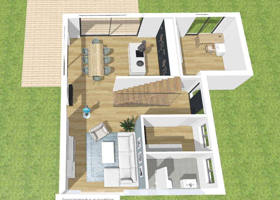 Floor plan of a house: living room with sofa, dining table, kitchen with island, staircase, study, bathroom.