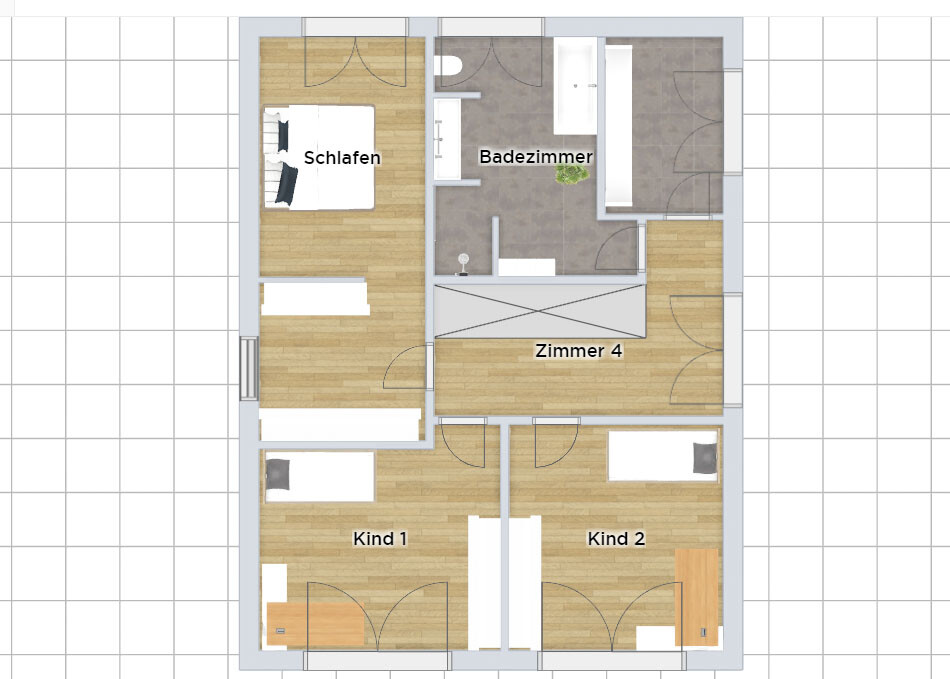 Floor plan of an apartment with bedroom, bathroom, room 4, and two children’s rooms viewed from above.