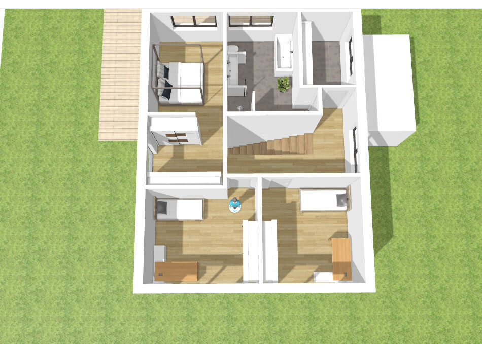 Bird’s-eye view of a house floor plan with bedrooms, bathroom, staircase, and garden.