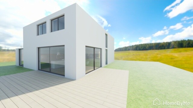 Modern white villa with large glass fronts, wooden terrace, and green lawn.