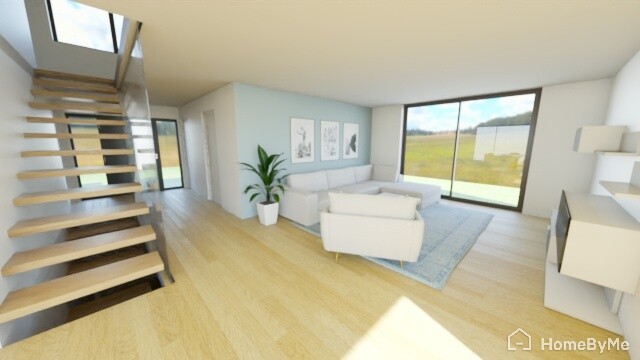 Bright open living area with staircase, sofa, plant, picture frames, and large window front.