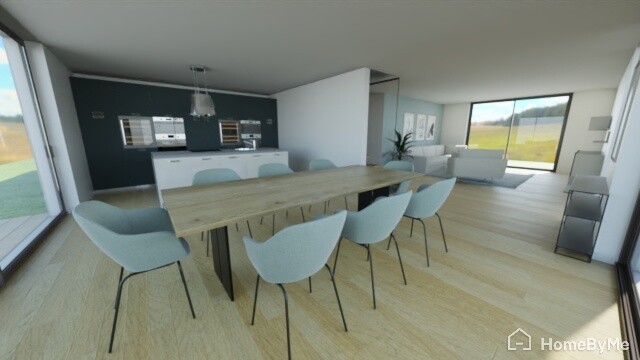 Modern open living and dining area with long wooden table, eight chairs, and large windows.