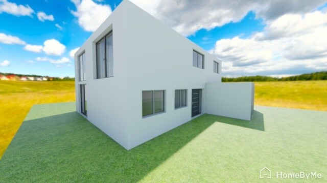 Modern white two-story house front with many windows on green grass under a blue sky.