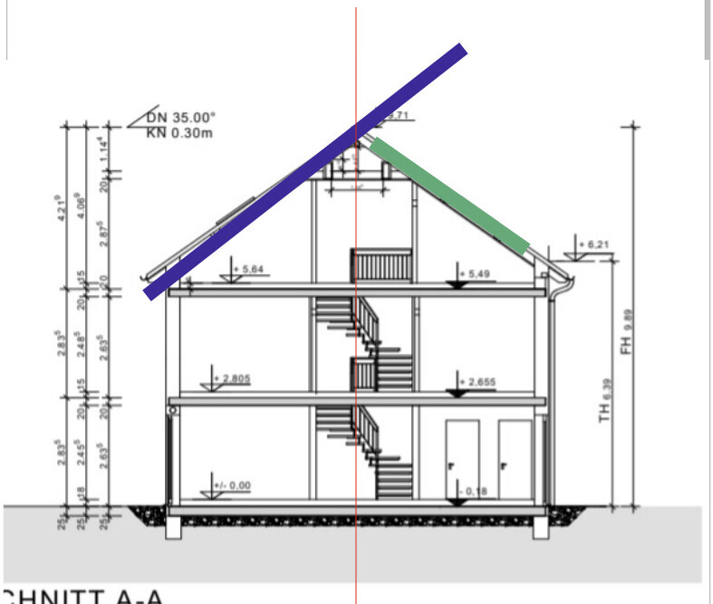 Cross-section of a three-story house with stairwell, roof structure, and dimension lines (section A-A)