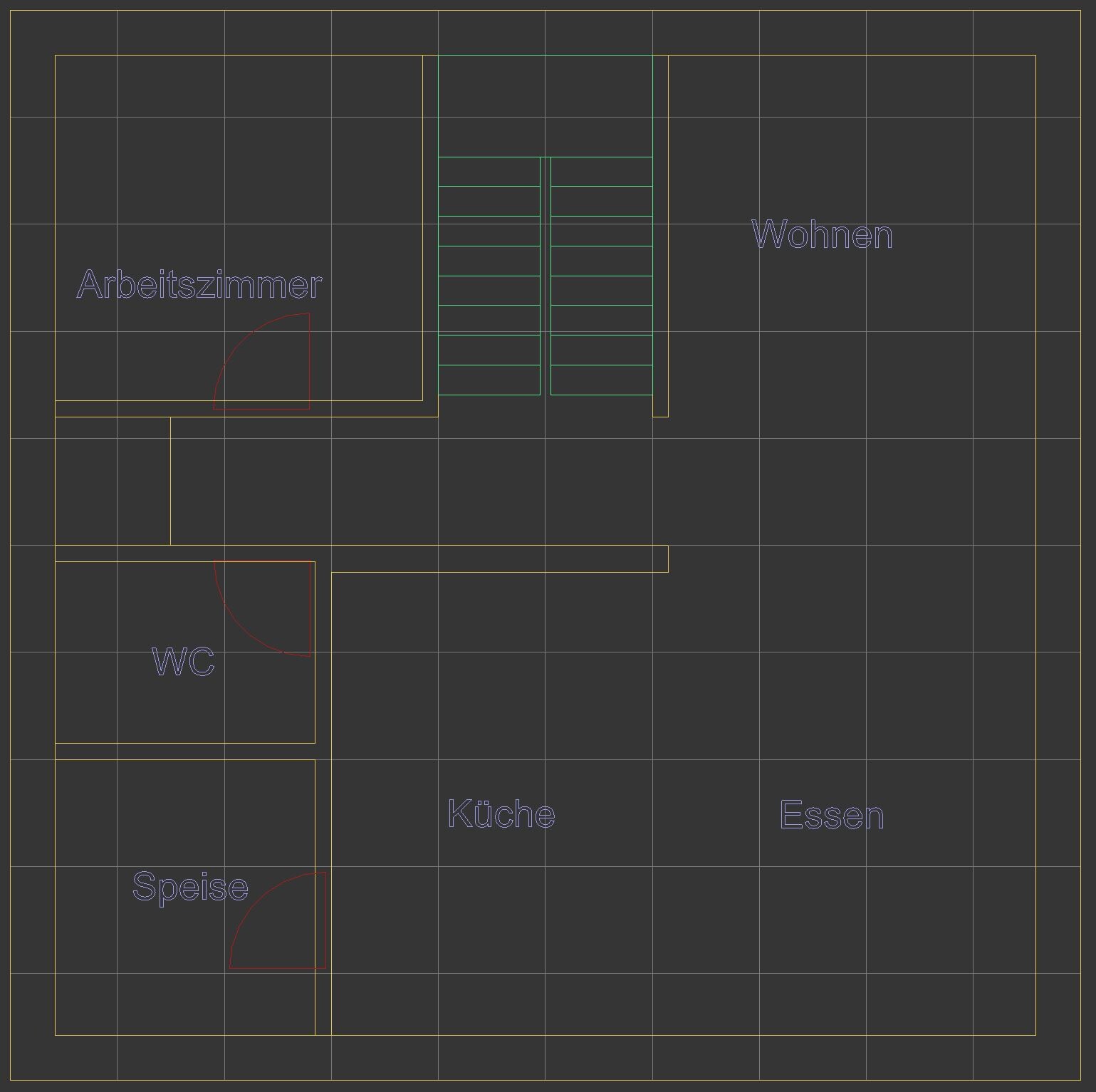 Grundriss eines Hauses mit Arbeitszimmer, Wohnen, Küche, Essen, Speise, WC und Treppe.