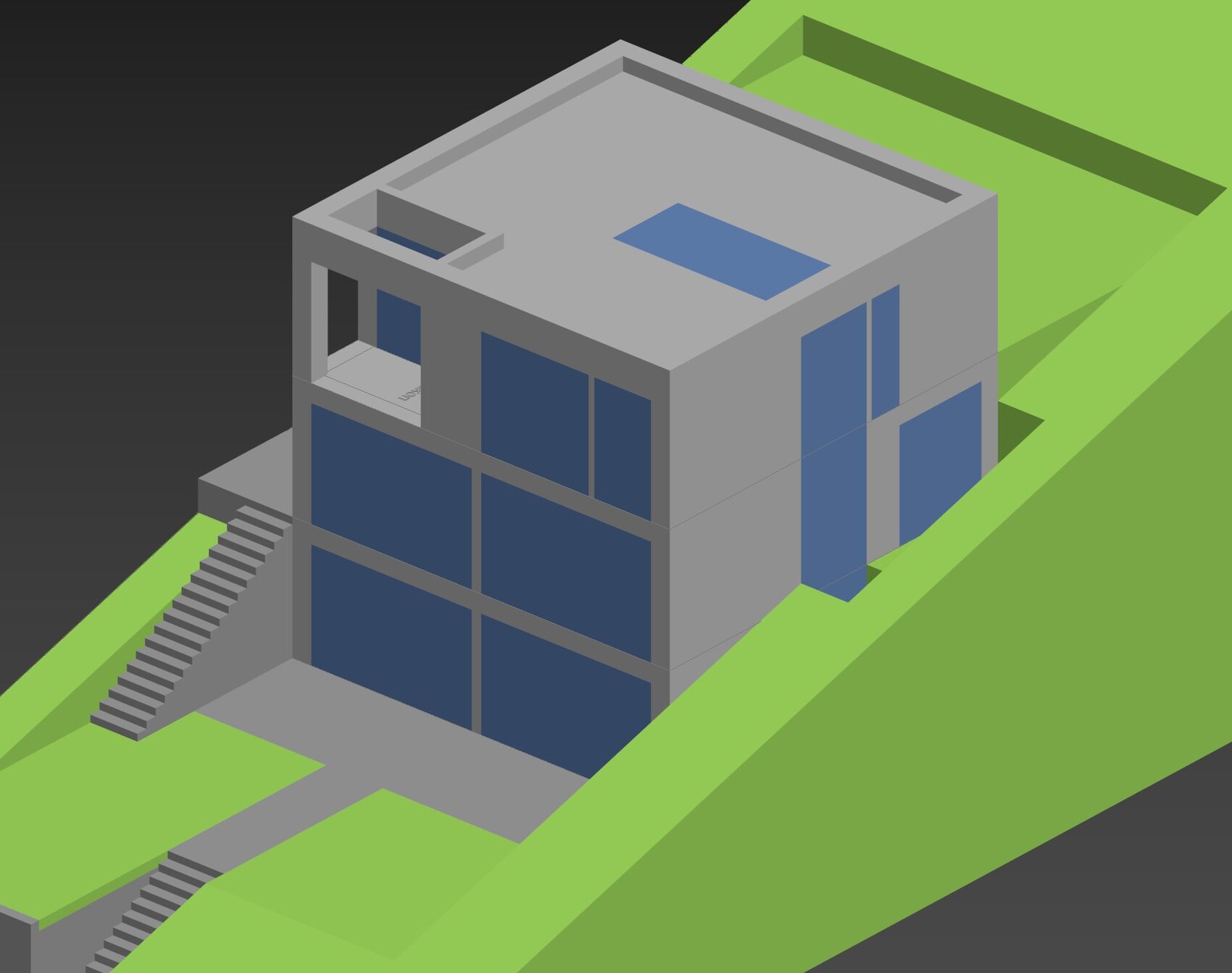Isometrisches modernes Haus auf grünem Hang mit großen blauen Fenstern und Treppen.