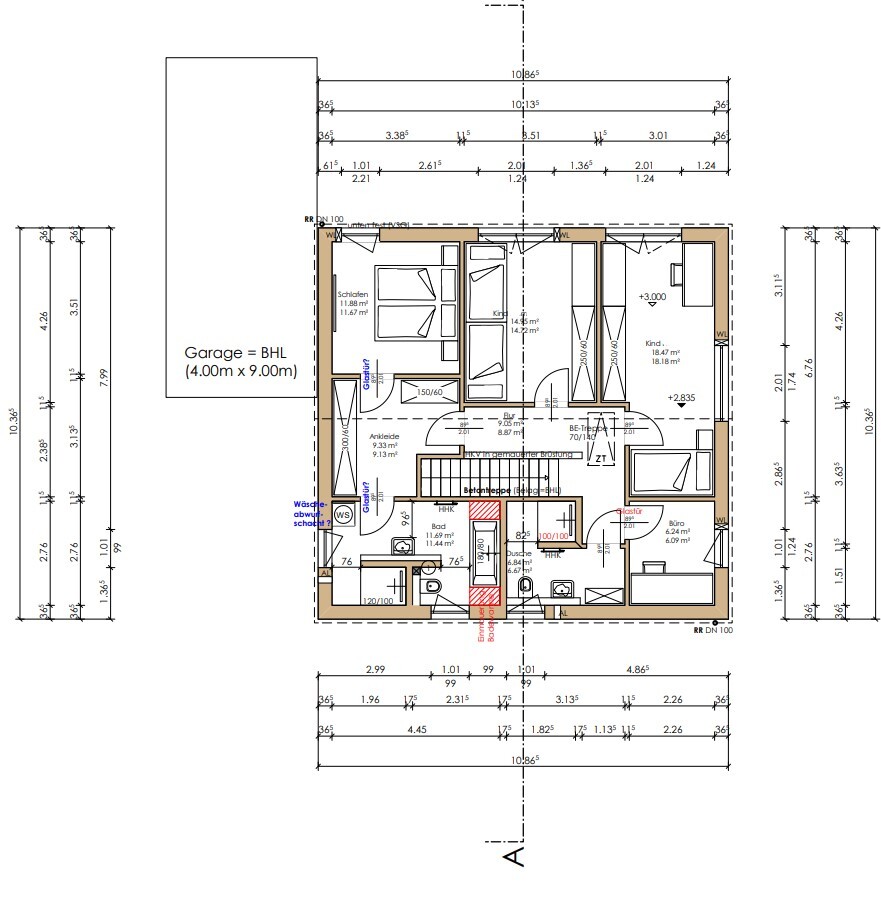 Detailed floor plan of a house with bedroom, child’s room, bathroom, kitchen, and garage, dimensions