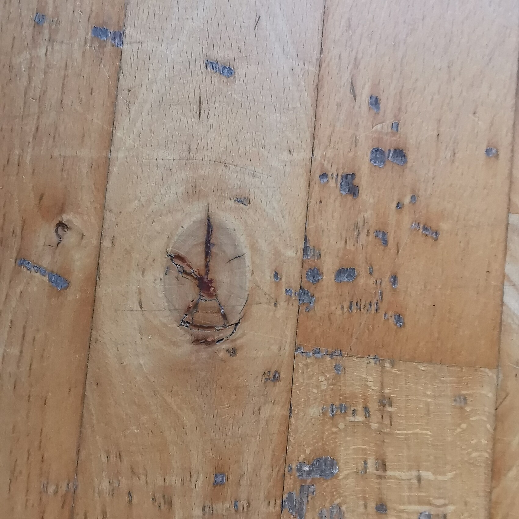 Close-up of a wooden board with a visible knot and dark spots.